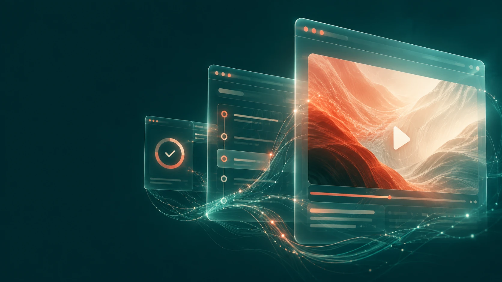 Tres superficies digitales luminosas conectan currículo, contenido online y avance del alumno.